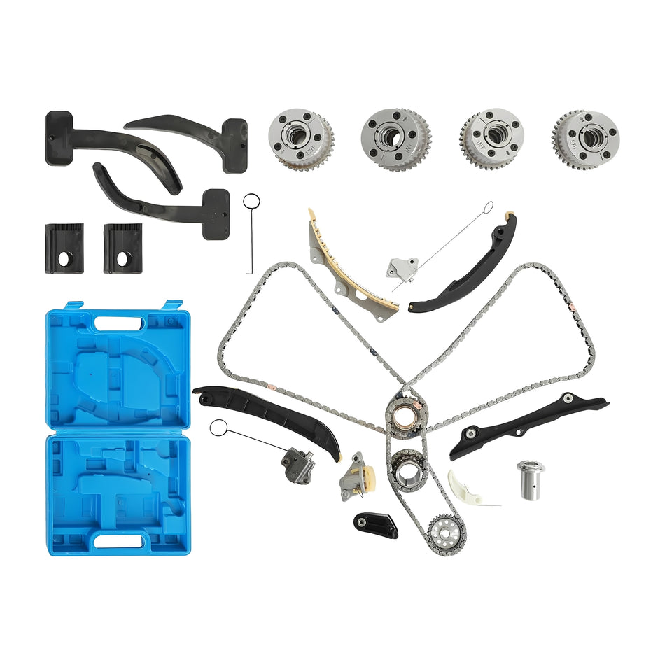 Timing chain kit components with sprockets, guide rails, tensioners, chains, and tools
