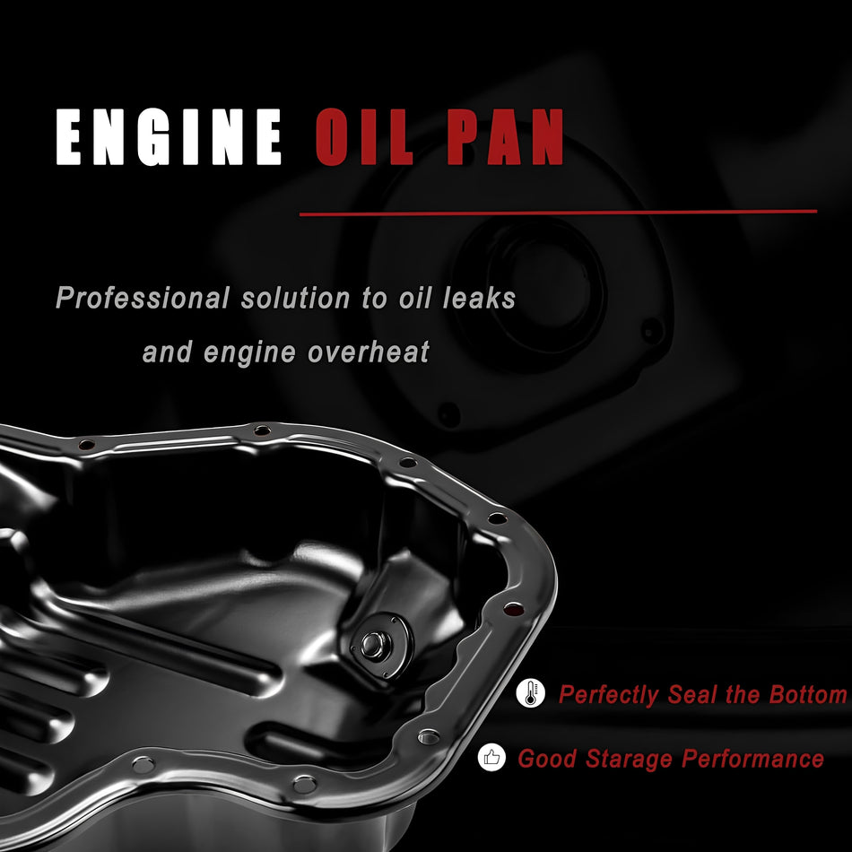 Metal engine oil pan with drain plug and mounting holes, glossy black steel finish