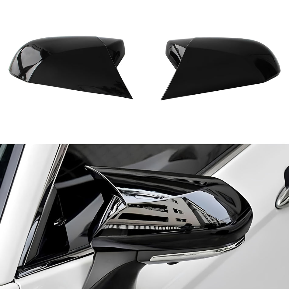 Glossy black rear side mirror cover caps installed on a car