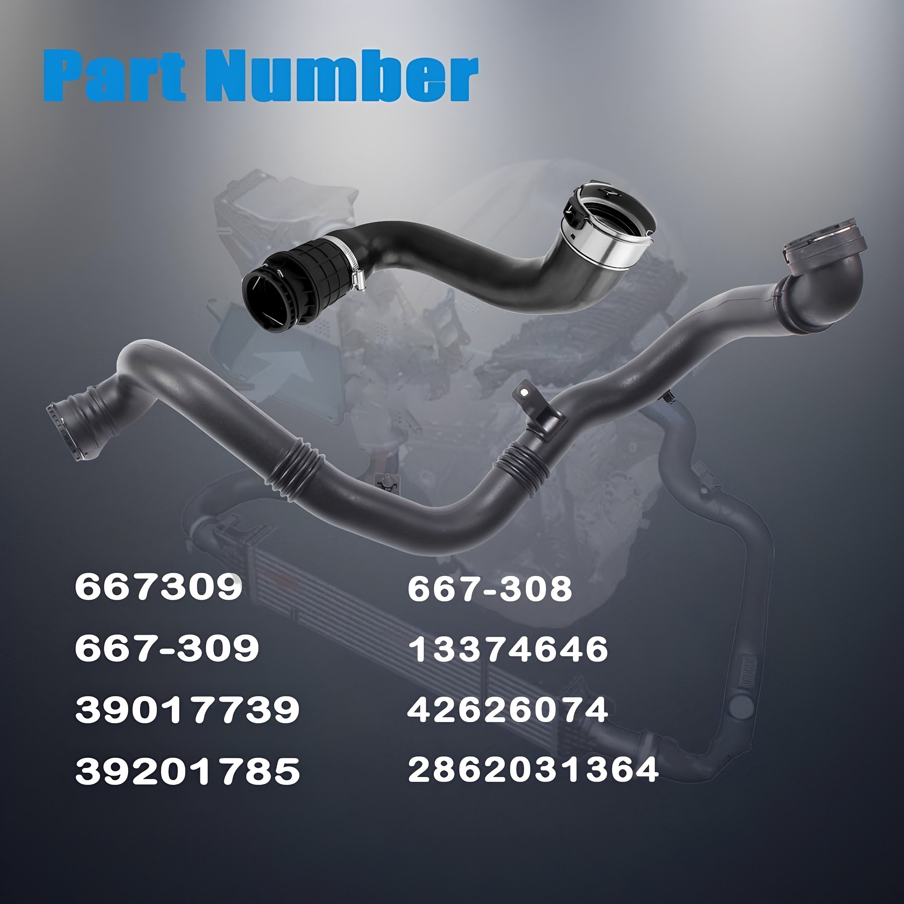 Pair of black turbo intercooler hoses with silicone bends and metal clamp ends
