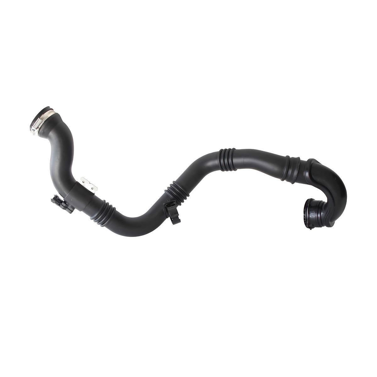 Black turbo intercooler hose with molded bends and metal clamp fittings
