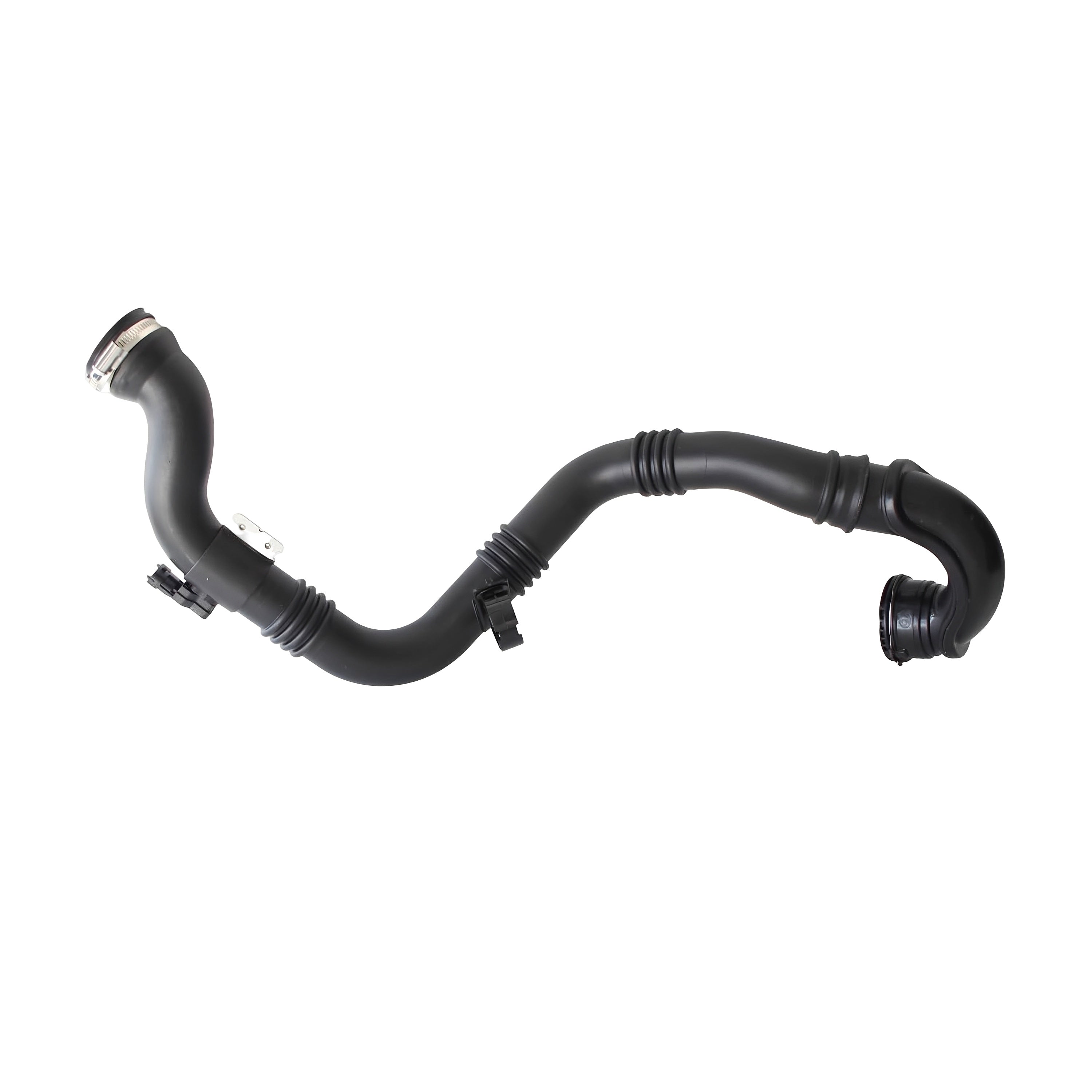 Black turbo intercooler hose with molded bends and metal clamp fittings