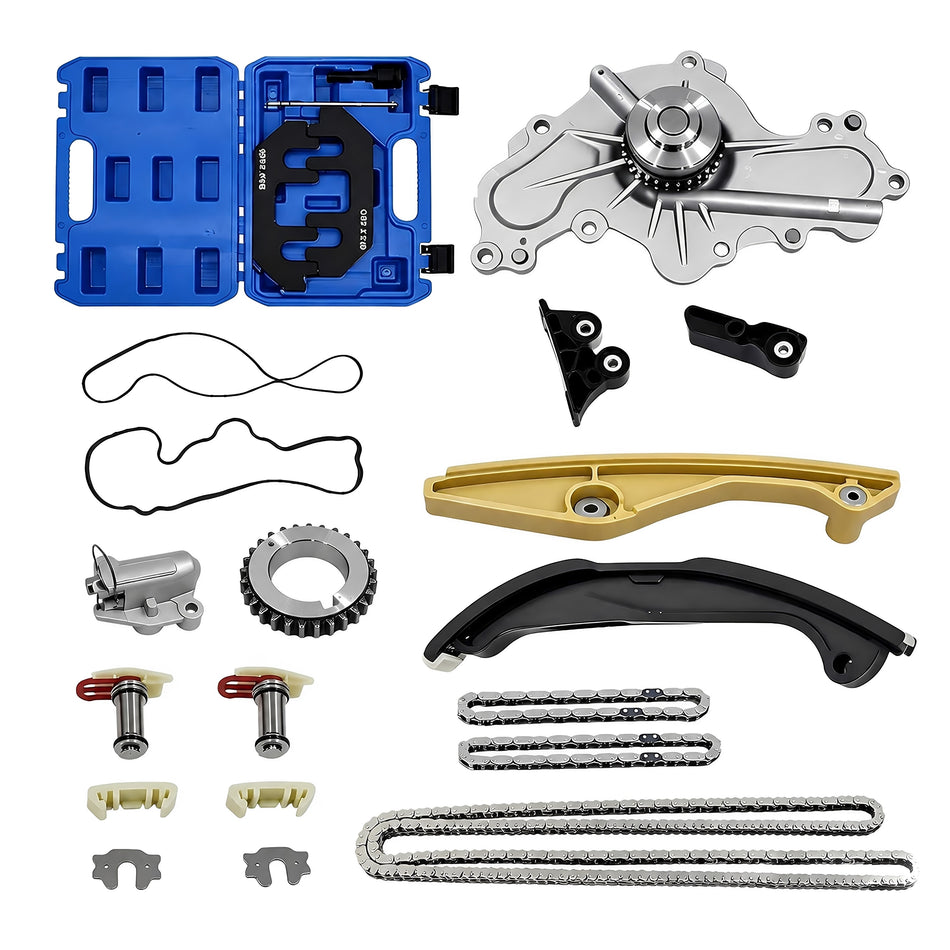 Timing chain kit with water pump, guides, chains, tensioners, gears, and seals