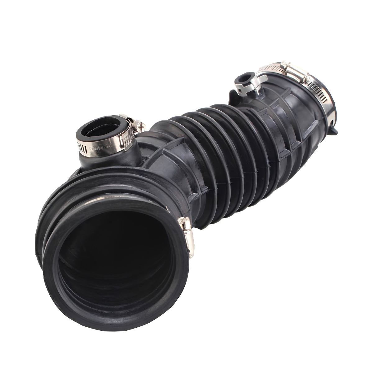 Engine air intake hose with ribbed black rubber and metal hose clamps