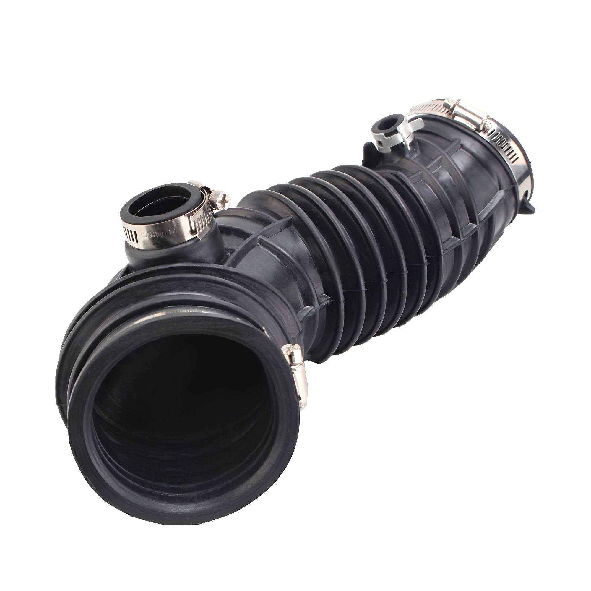Engine air intake hose with ribbed black rubber and metal hose clamps