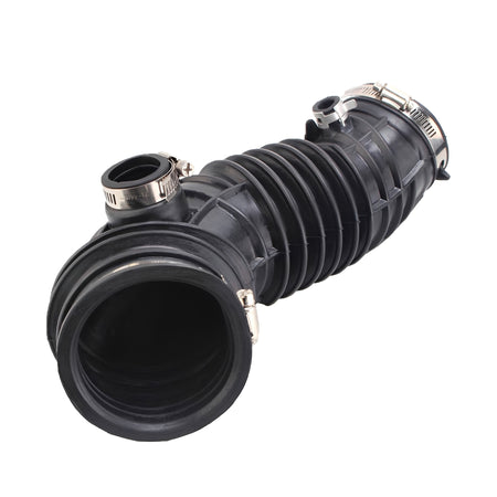 Engine air intake hose with ribbed black rubber and metal hose clamps