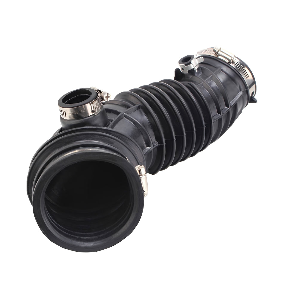Engine air intake hose with ribbed black rubber and metal hose clamps