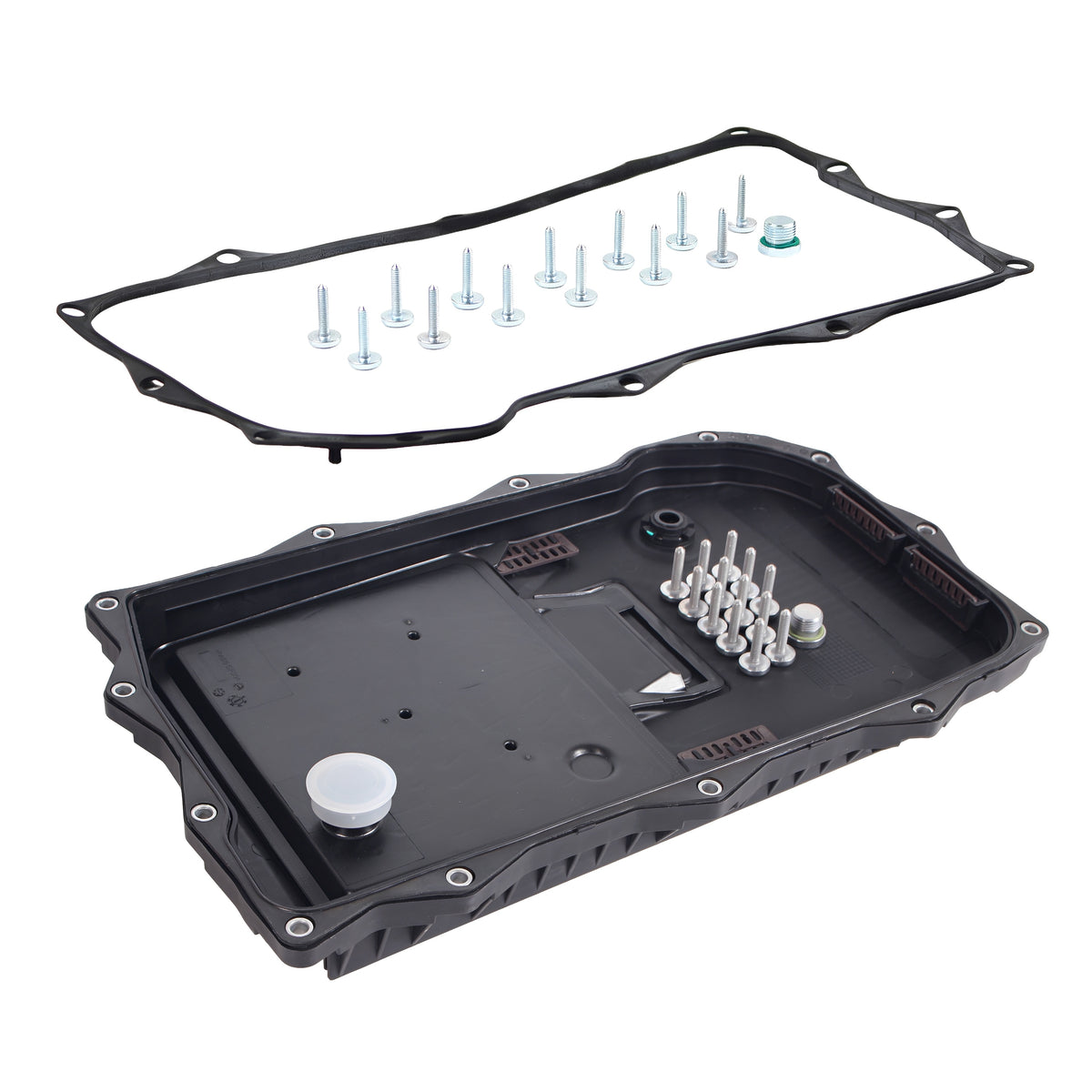 Automatic transmission oil pan kit with black housing, filter plate, bolts, and gasket