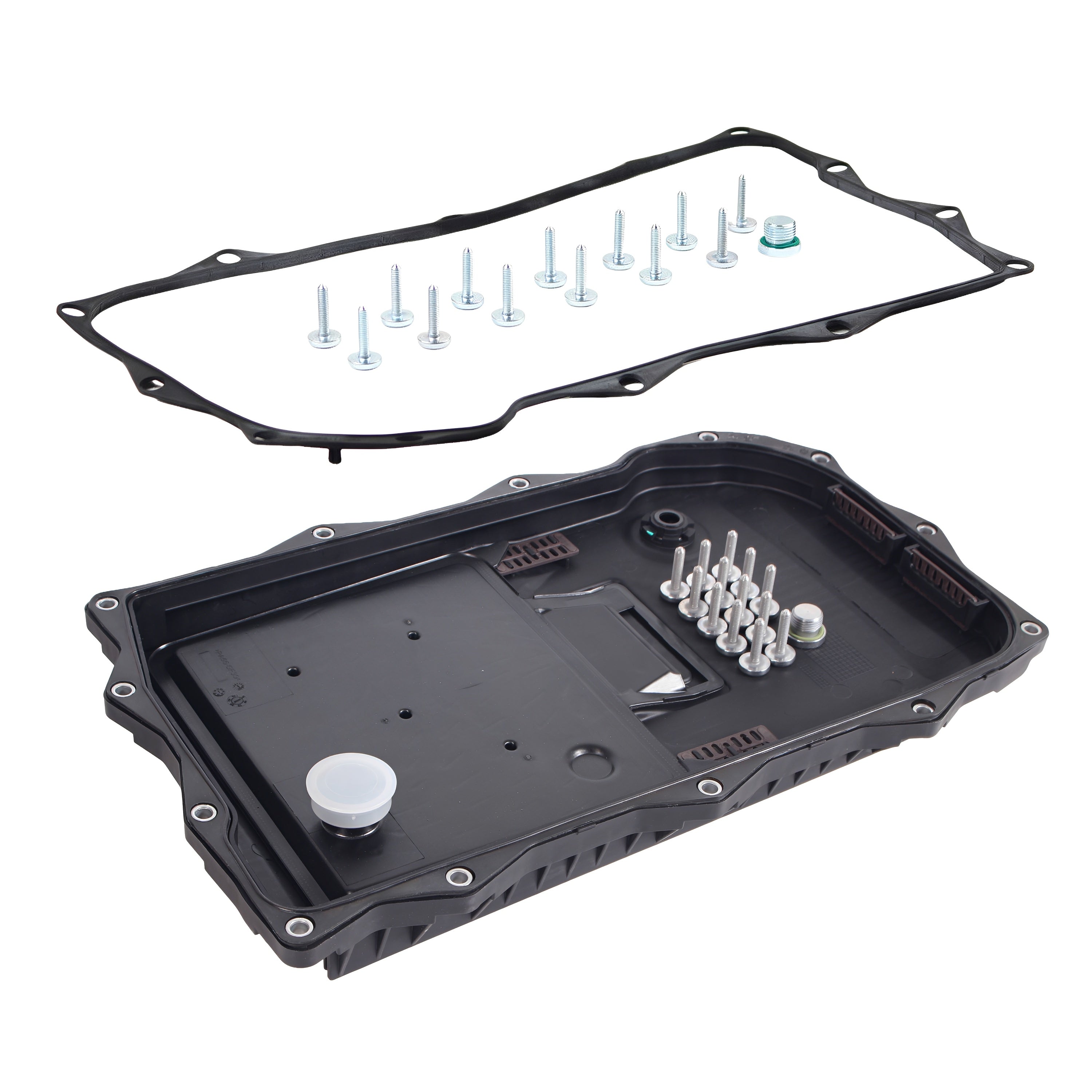 Automatic transmission oil pan kit with black housing, filter plate, bolts, and gasket