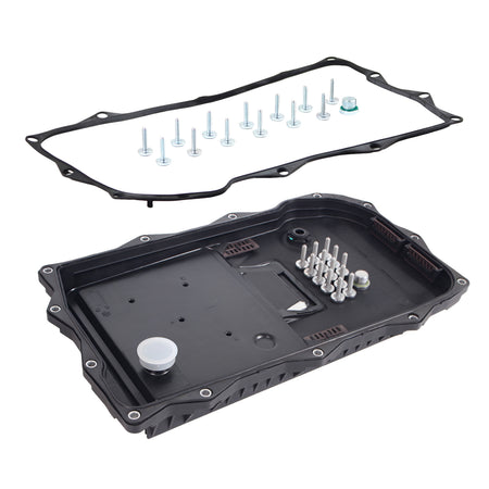 Automatic transmission oil pan kit with black housing, filter plate, bolts, and gasket