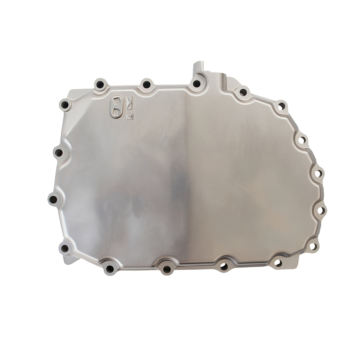 Transmission oil pan cover, silver aluminum with mounting holes
