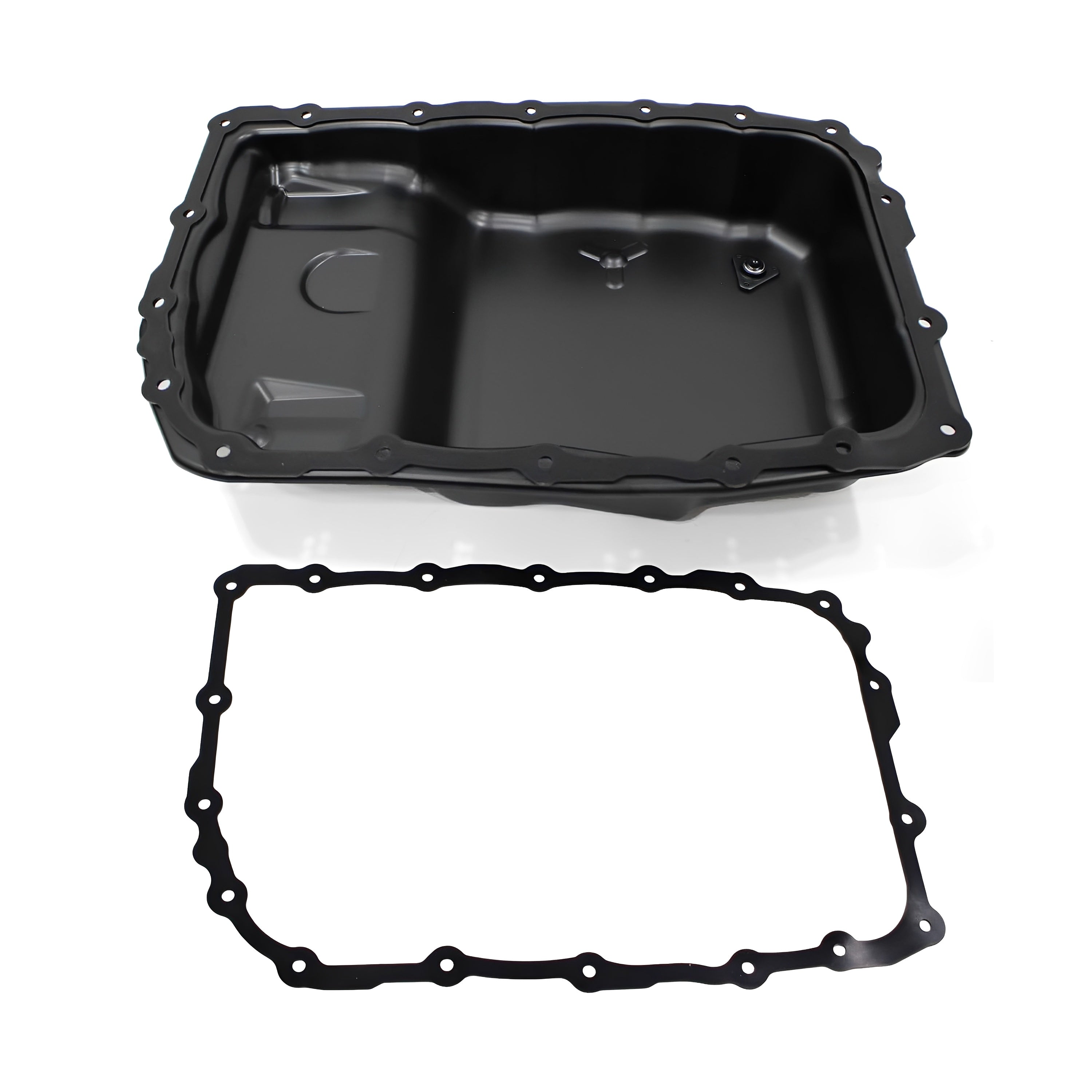 Transmission oil pan with drain plug and gasket, black pan plus separate seal