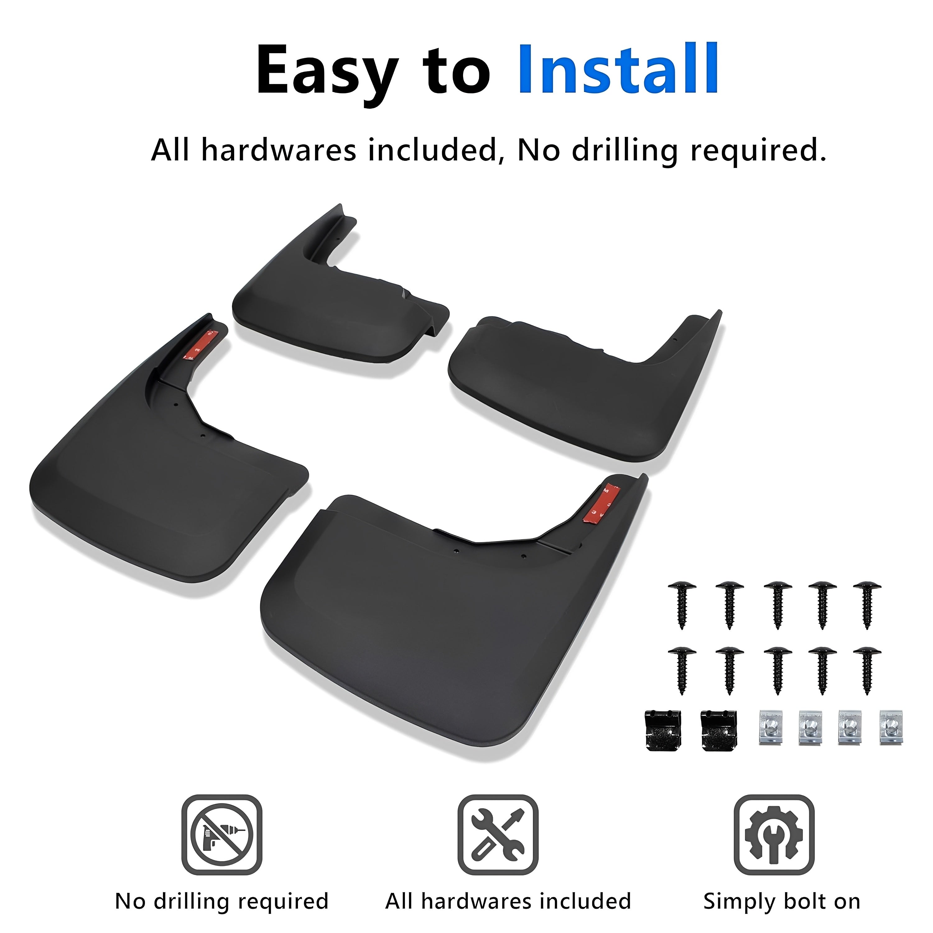 Black four-piece mud flap set with screws and mounting hardware