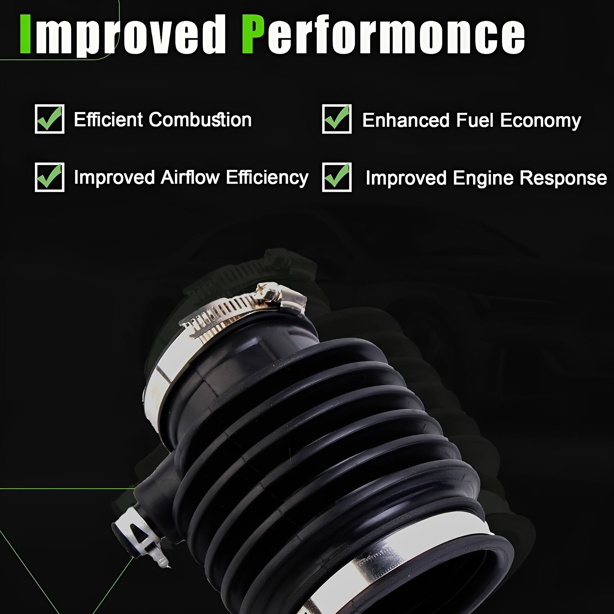 Black ribbed air intake hose with metal band and embossed clamp detail