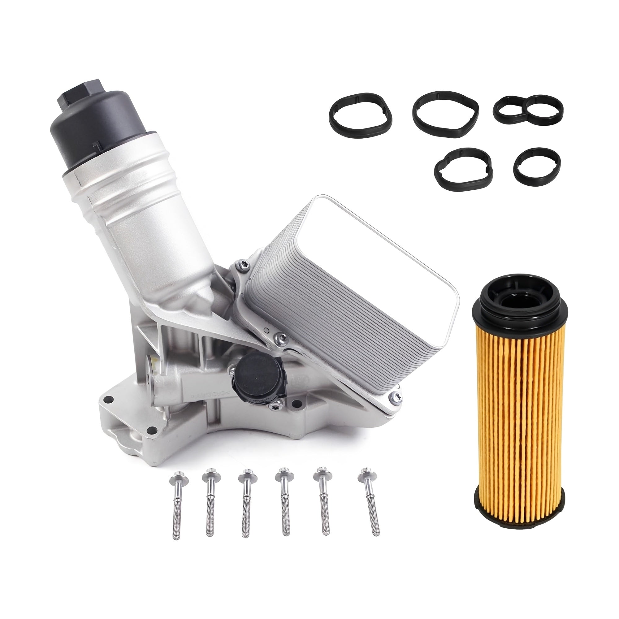 Oil filter housing kit with oil filter canister, seals, and mounting screws