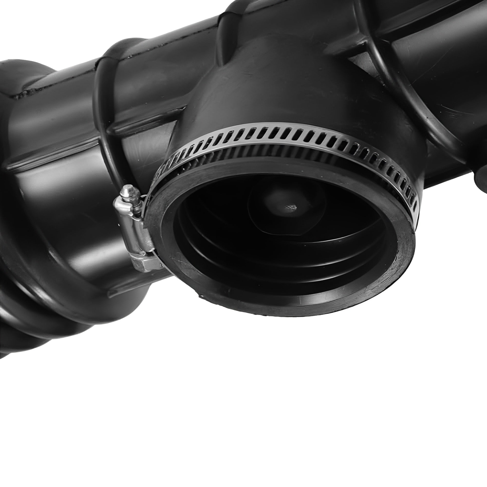 Close-up of black air intake hose connector with circular opening and ribbed housing