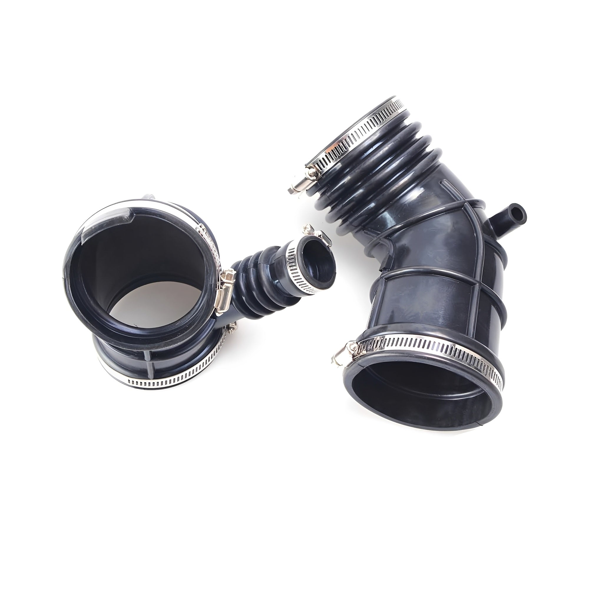 Air intake hose with two open ends and metal clamp rings on black tubing
