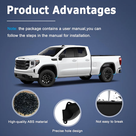 Mud flap delete kit on white pickup truck, black ABS-style flaps