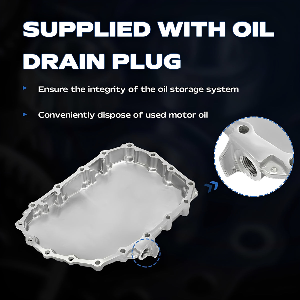 Silver transmission oil pan with included oil drain plug