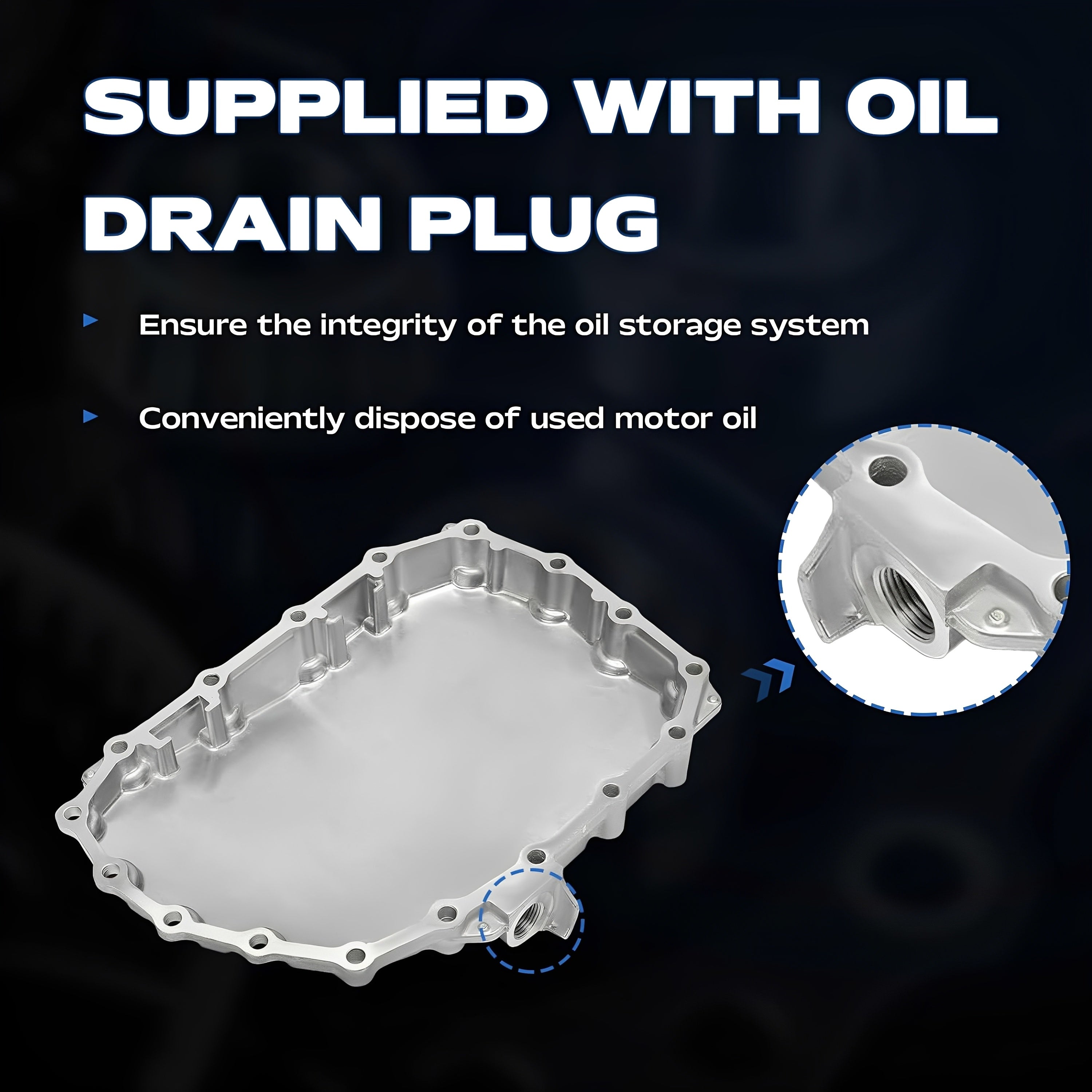 Silver transmission oil pan with included oil drain plug