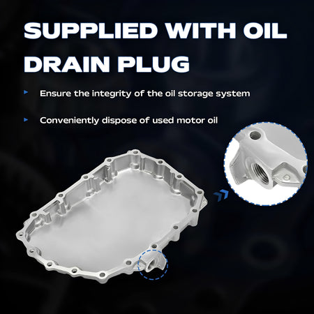 Silver transmission oil pan with included oil drain plug