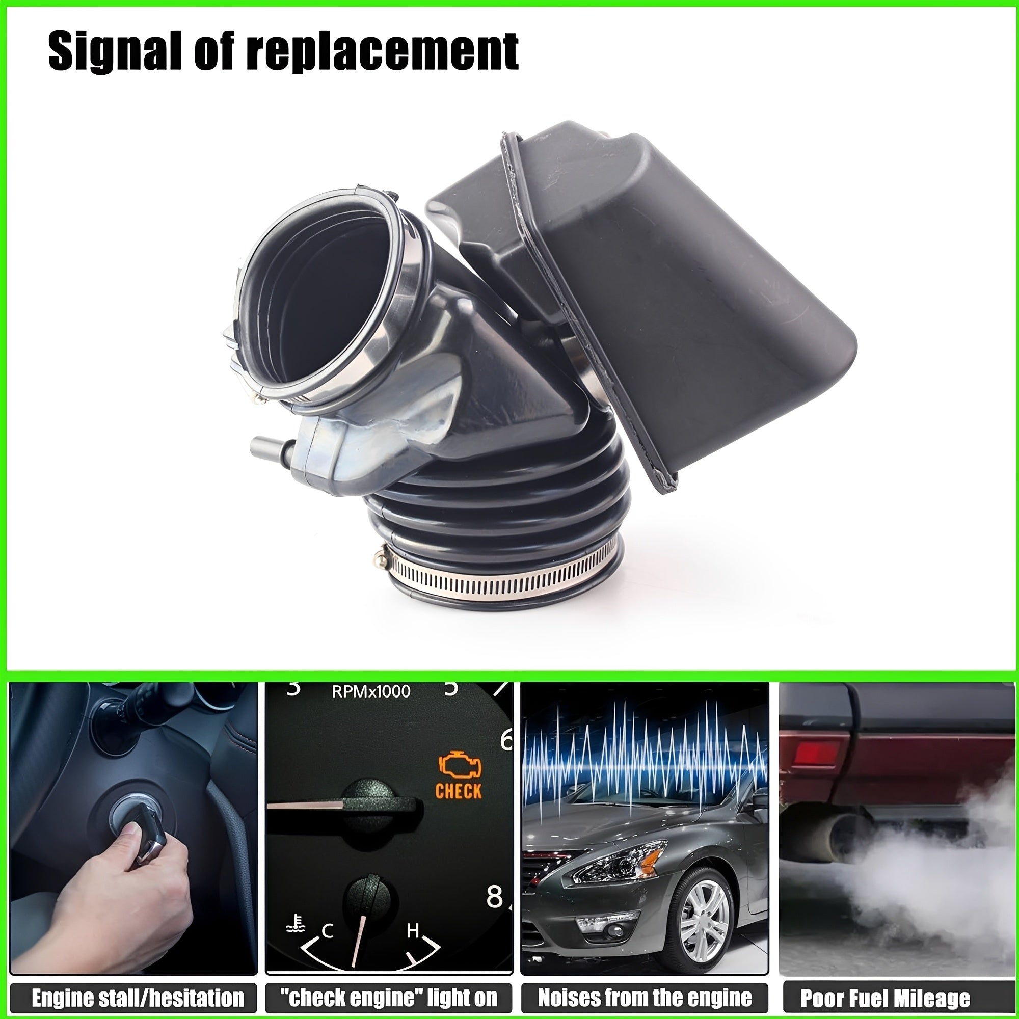 Engine air intake hose with ribbed intake tube and wide intake opening