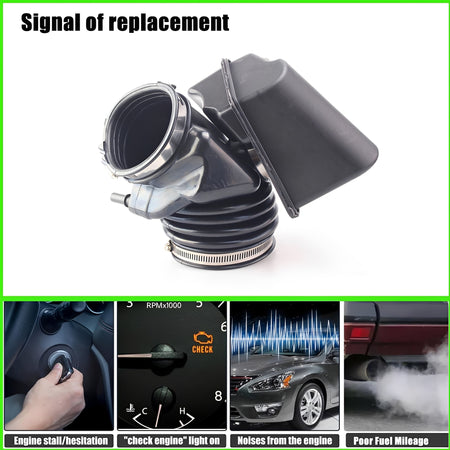 Engine air intake hose with ribbed intake tube and wide intake opening