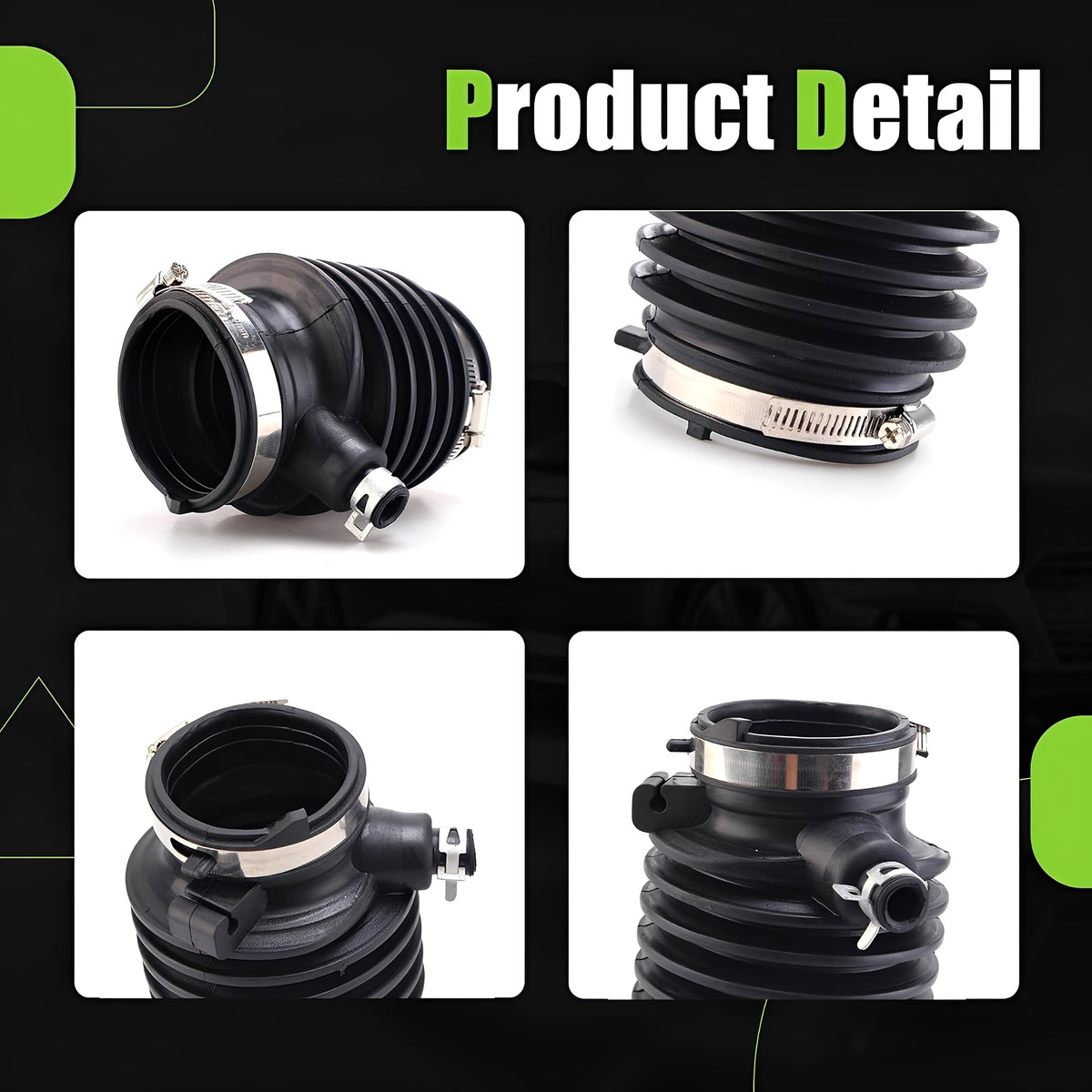 Collage showing black ribbed intake hose ports, clamps, and metal ring