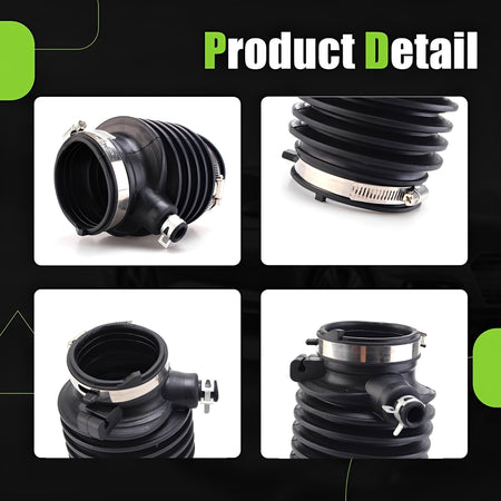 Collage showing black ribbed intake hose ports, clamps, and metal ring