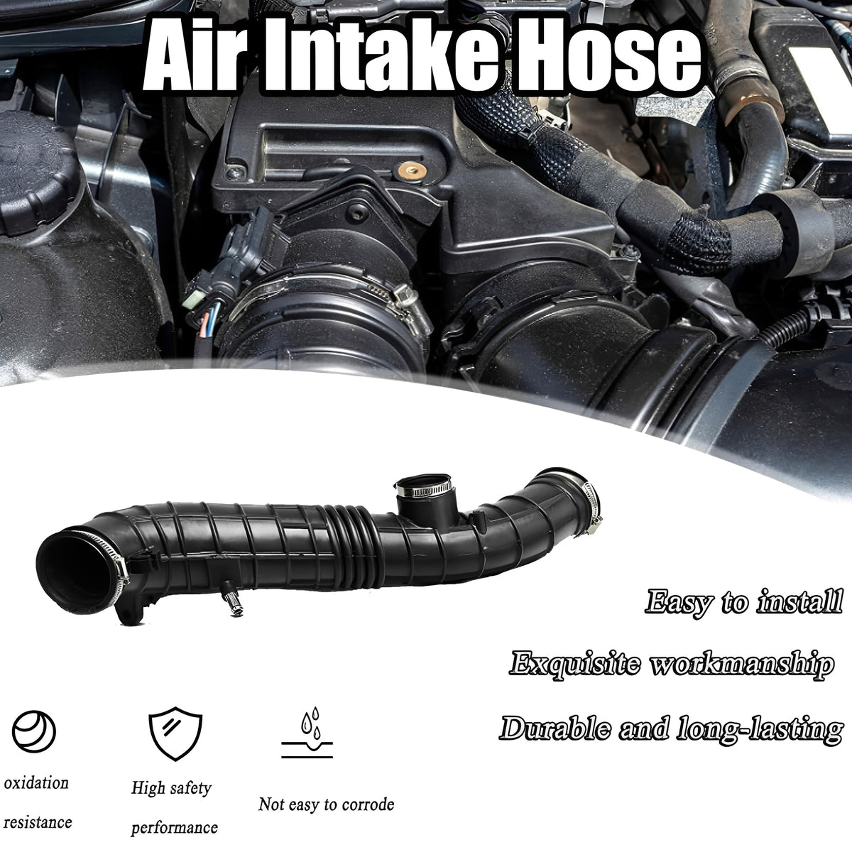 Black air intake hose with ribbed section and clamp, shown installed in engine bay