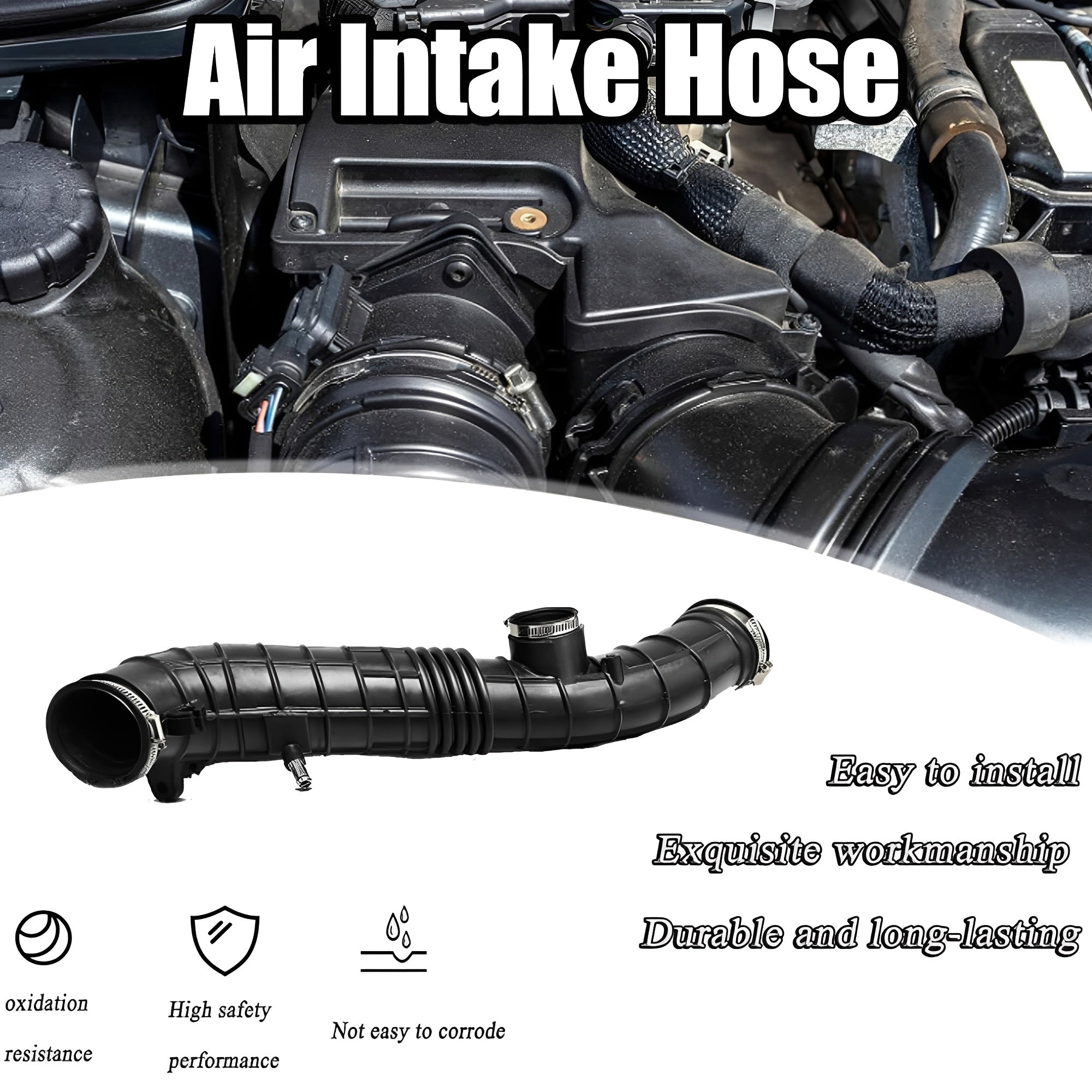 Black air intake hose with ribbed section and clamp, shown installed in engine bay