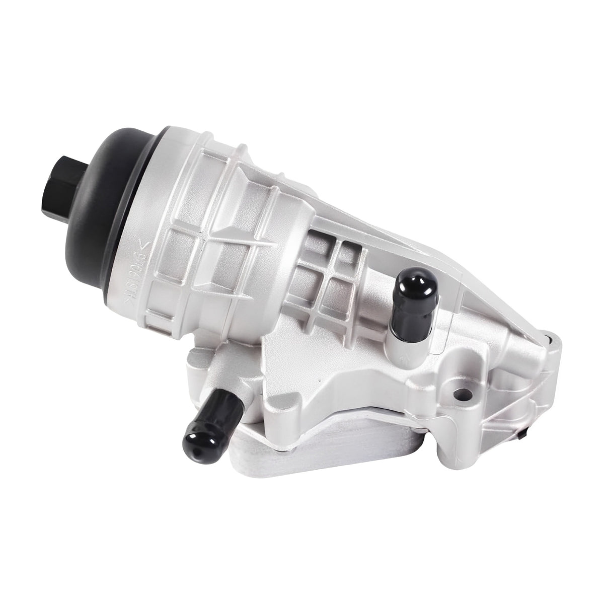 Oil filter housing angled view with black end cap and mounting feet