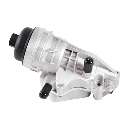 Oil filter housing angled view with black end cap and mounting feet