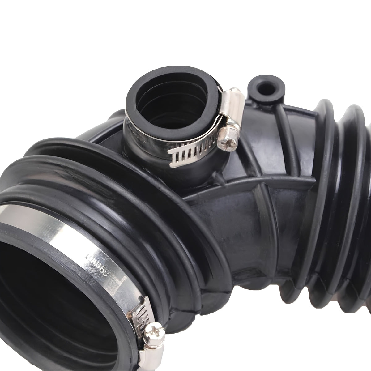 Engine air intake hose coupler, black rubber with metal clamp ring at inlet