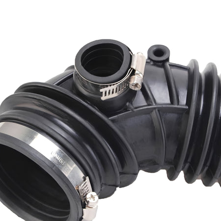 Engine air intake hose coupler, black rubber with metal clamp ring at inlet