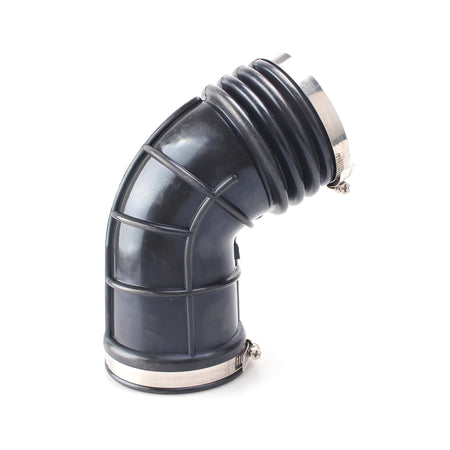 Close-up black air intake hose elbow with metal clamp band and curved tube