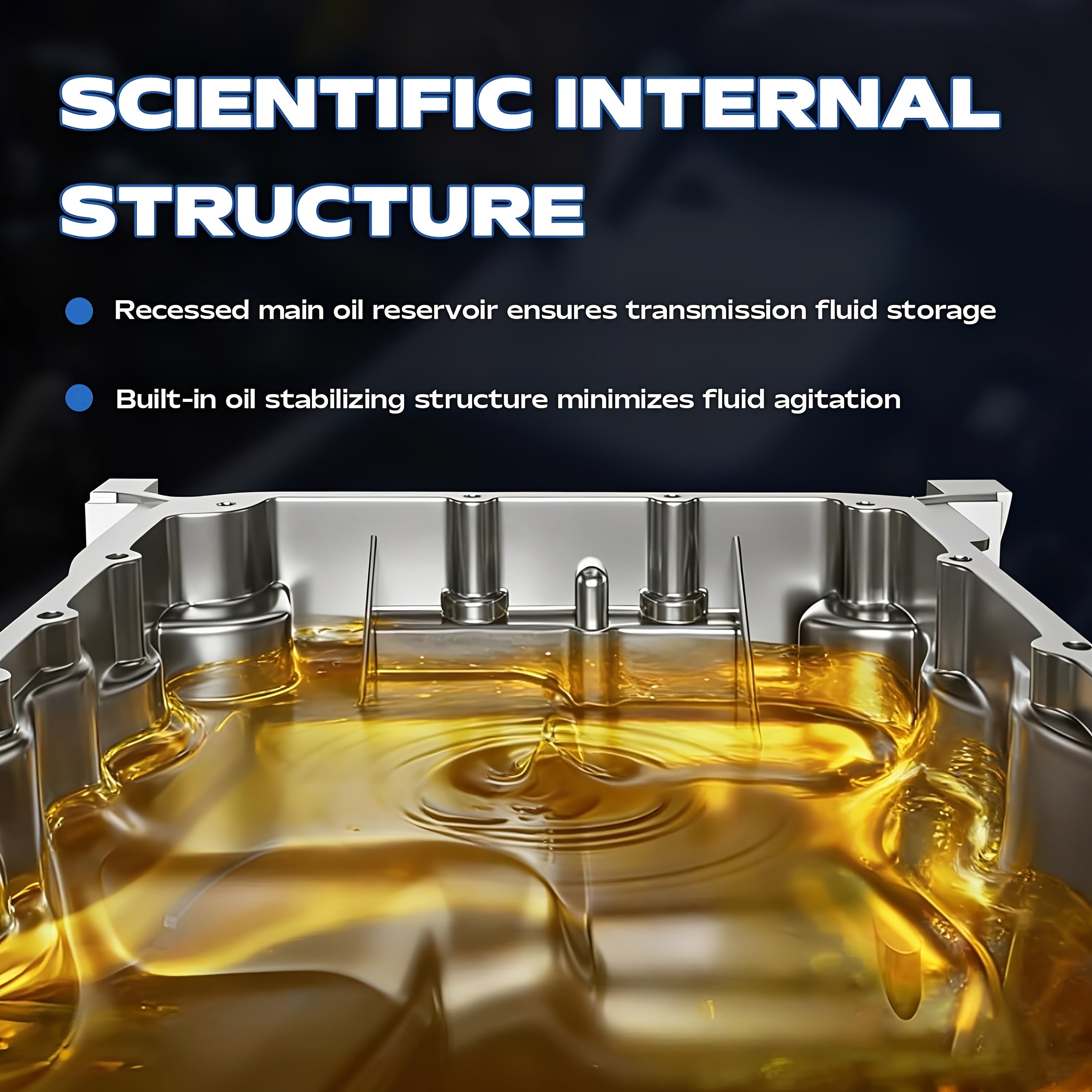 Transmission oil pan internal baffles holding yellow fluid illustration