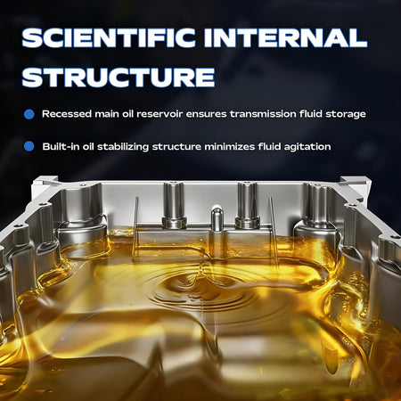 Transmission oil pan internal baffles holding yellow fluid illustration