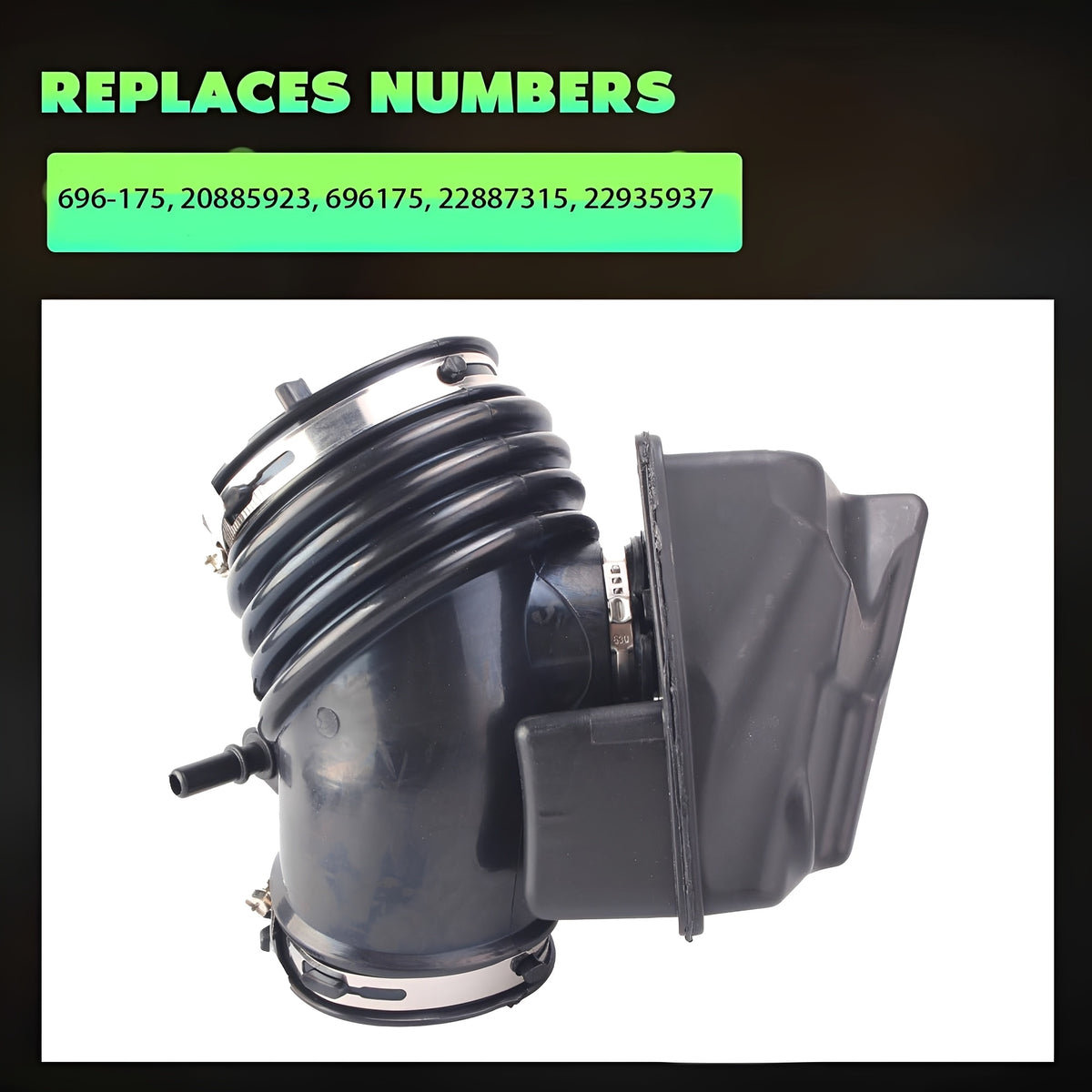 Black engine air intake hose with flange connection and ribbed intake tube