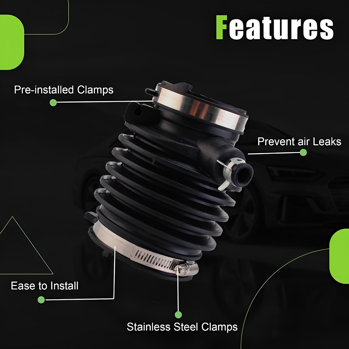 Black air intake hose with pre-installed clamps and side inlet/outlet fittings