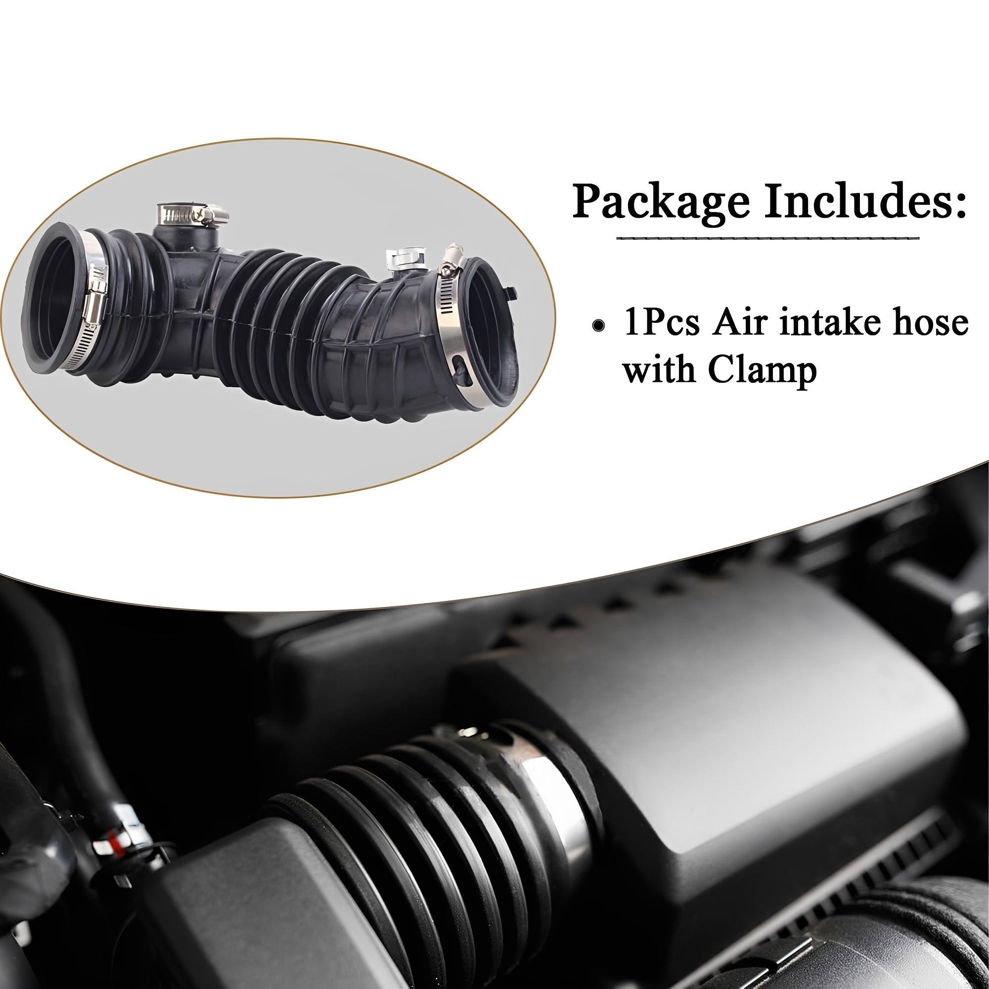 Engine air intake hose with ribbed black tubing and clamp, shown assembled