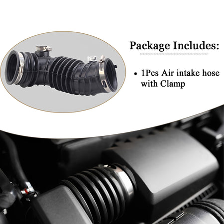 Engine air intake hose with ribbed black tubing and clamp, shown assembled
