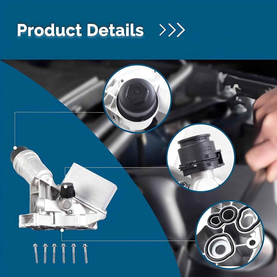 Oil filter housing product details with close-up cap and gasket fitting