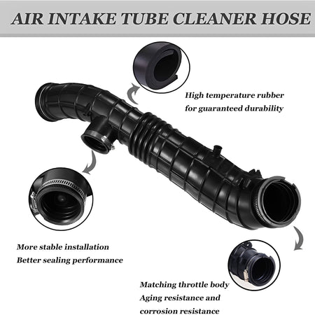 Black air intake hose with ribbed middle, angled outlet, and circular connector ends