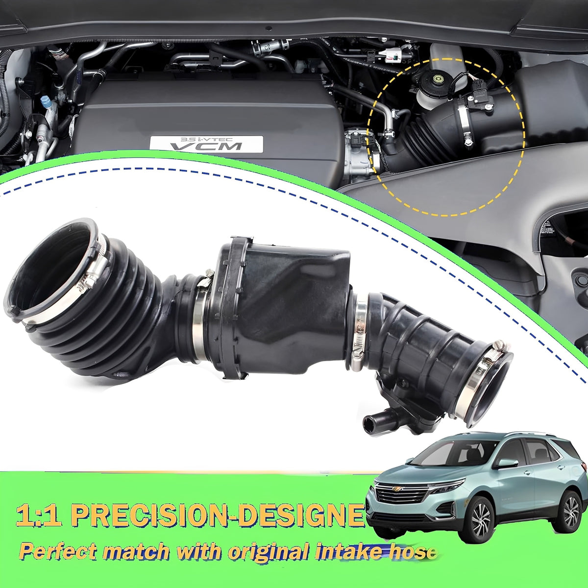 Black intake hose installed in engine compartment with visible couplers and clamps