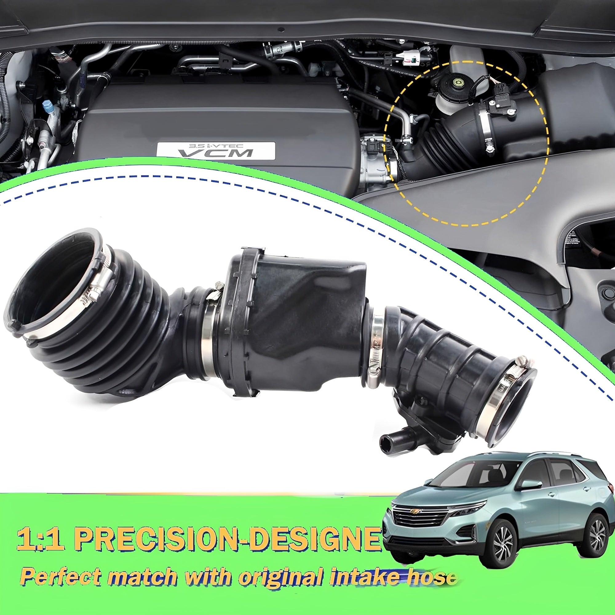 Black intake hose installed in engine compartment with visible couplers and clamps