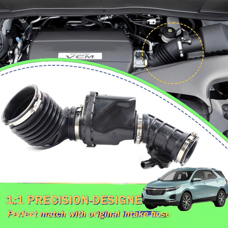 Black intake hose installed in engine compartment with visible couplers and clamps