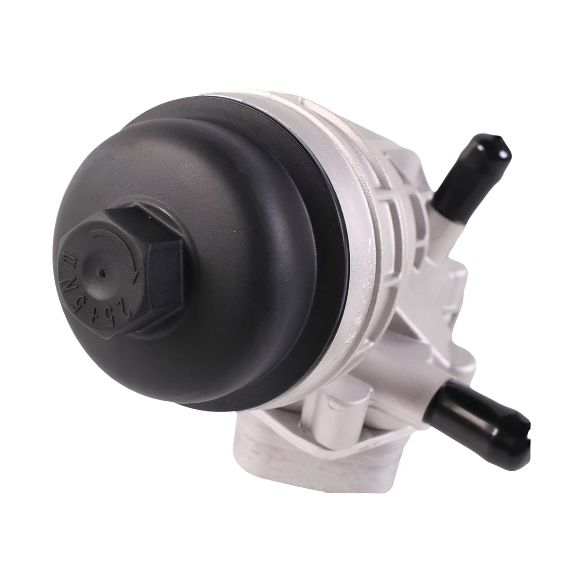 Oil filter housing close-up with large black diaphragm cap and silver body