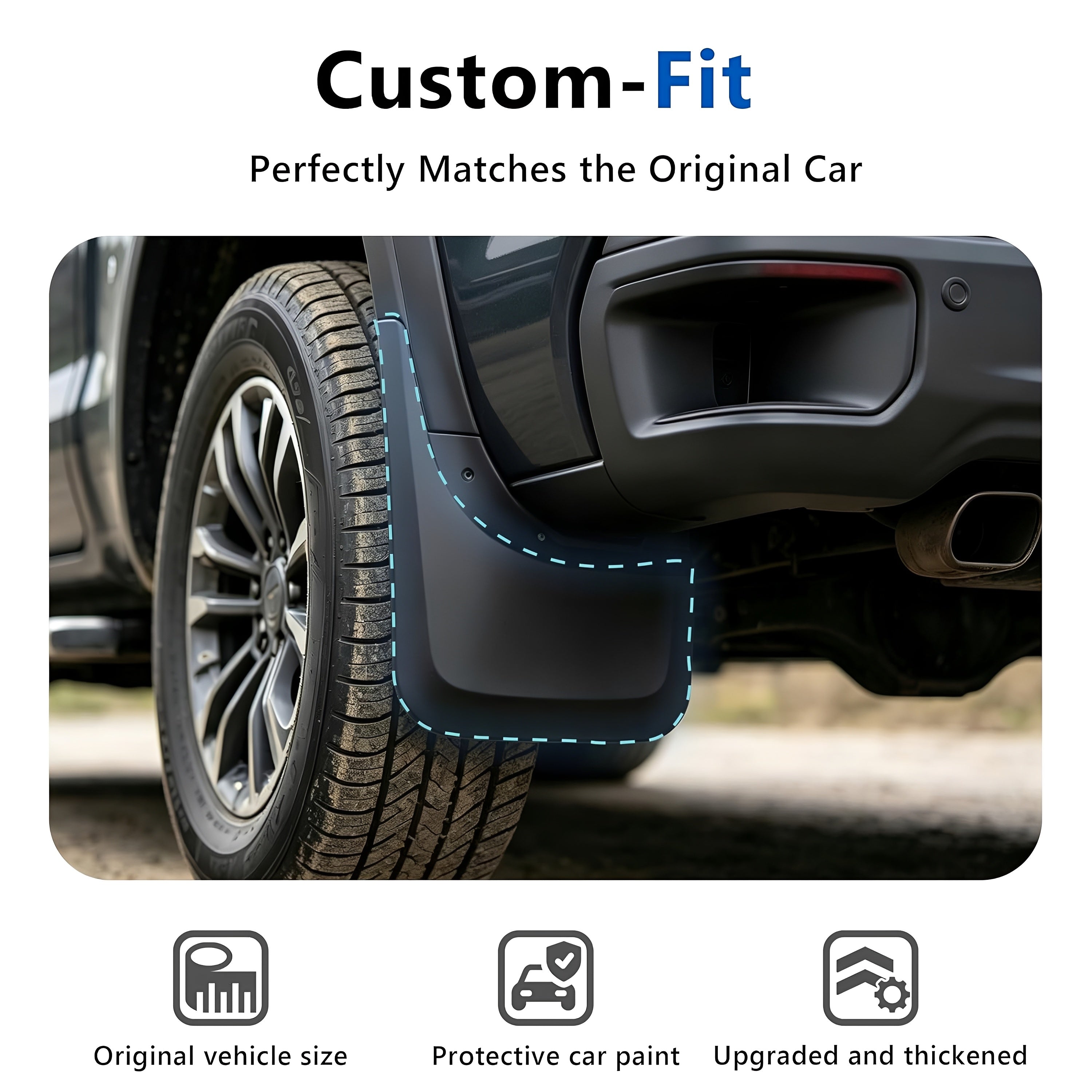 Close-up of black custom-fit mud flap covering wheel opening on pickup