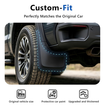 Close-up of black custom-fit mud flap covering wheel opening on pickup